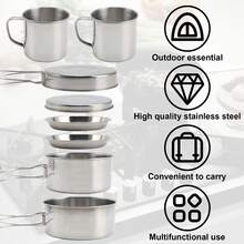 Stainless Steel 8pcs Camping Mess Kit: Pots Pan Plates Set For Hiking & Picnic Trips - Silver - View 8