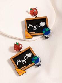 1 Pair Cute Teacher's Day Earrings For Women, Apple, Chalkboard, Ruler, Globe Pendant Earrings, Back To School, Graduation Gift For Teachers (Card Not Included) - Multicolor - View 3