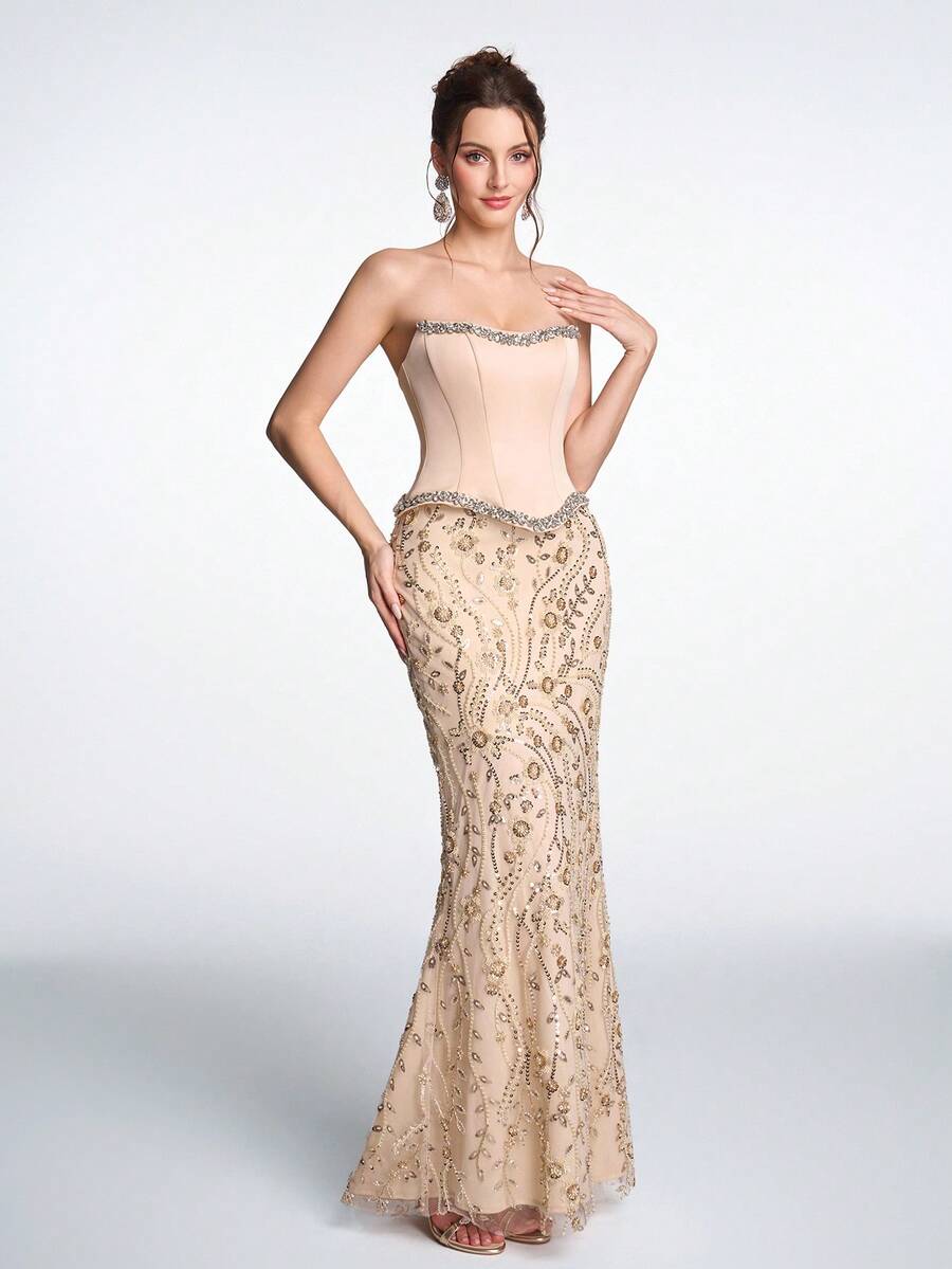 Vestido de gala de sirena con corsé sin tirantes, elegante y lujoso, con encaje, lentejuelas y cristales, adecuado para cóctel, boda, alfombra roja, cena de gala, ceremonia de mayoría de edad y ocasiones formales