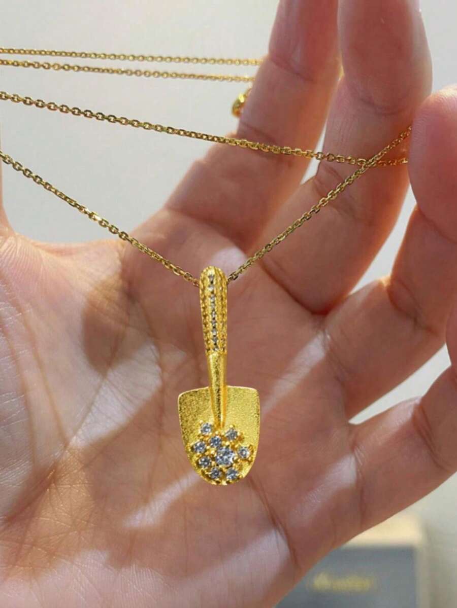 rundraw 1件新款铲形锆石镶嵌哑光优雅铜金色女士吊坠项链，适合派对、晚宴、日常佩戴，是节日和周年纪念日送给朋友和爱人的最佳礼物。 - C10169-1 - 查看 1