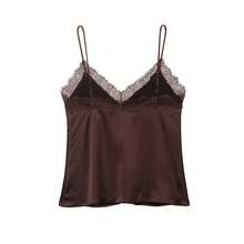 DEEKA Summer New Women's Fashion Sexy Lace & Satin Blouse - Brown - View 3