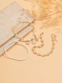 3pcs/Set Summer Ocean Style Soft Clay Bead, Random Beaded Metal Starfish, Shell, Conch Pendant Anklet, Fashionable Gold Shell Handmade Chain Jewelry For Women, Suitable For Daily Outfit, Decoration, Beach Holiday, Date Wear - Multicolor - View 3