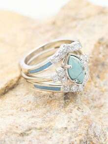 Women Hollow Turquoise Ring Delicate Rhinestone Engagement Wedding Anniversary Birthday Gift Jewelry For Her 2024 New  UWRV - Bạc - Xem 2