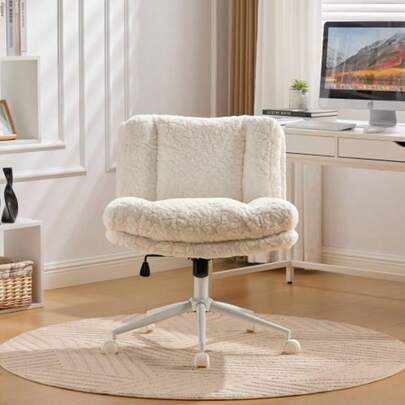 Office Chair With Wider Seat (67 Cm), Faux Rabbit Fur Upholstery, Metal Base, Swivel And Adjustable Office Chair, Dressing Table Chair (Cream), DE1875CM