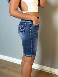 Women's Stretchy Skinny Denim Shorts With Inner Zipper, High Waist Slim-Fit Versatile Casual Hot Pants - 中等水洗藍 - 查看 4