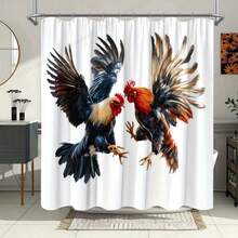 1 Piece Shower Curtain: Vibrant Rooster Midair With Detailed Feathers, Dynamic Digital Art, 12 Hooks, 70.8x70.8 Inches - Weaving Technique: Woven, Care Instructions: Air Dry, Included Components: Hooks, Curtain Material: Polyester, Curtain Theme: Landscape - MZ - View 1