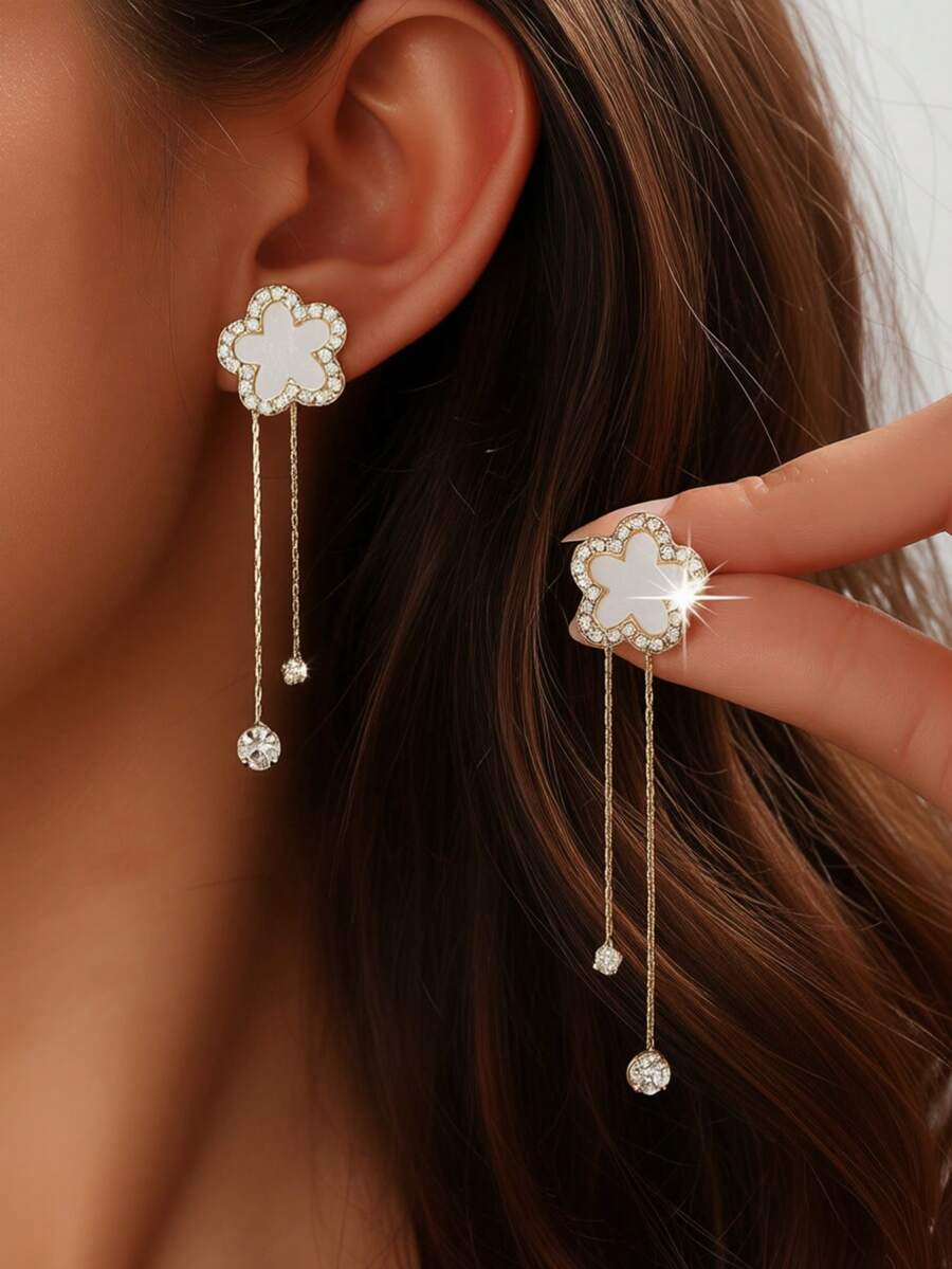 1 Pair Elegant Clover, Flower Stud Earrings With Rhinestone Tassel Pendant, Versatile & Fashionable For Women's Daily Wear - Gold - View 1