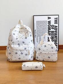 3pcs Fashionable Collegiate Bow Print Backpack Set, Including Backpack, Lunch Bag And Pencil Case, With Laptop Compartment, Adjustable Straps, Multi-Pocket Large Capacity Student Backpack Set, Suitable For Girls/Teens/College Students/Graduates For Daily Use/Vacation/Travel/Back To School - Multicolor - View 16