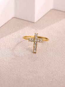 1pc Copper Cross Zirconia Ring, Closed Band, Unique Hip-Hop Jewelry For Women - JZ8489G - View 3
