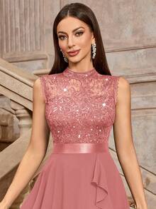 MIUSOL Sequin Floral Lace Sleeveless Ruffle Hem Party Swing Dress Wedding Spring - Dusty Pink - View 9