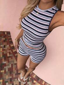 VIVINA 女士夏季休闲条纹修身背心短裤两件套，适合海滩度假、日常出行、休闲运动、朋友聚会、居家穿着等场合，粉色 - 粉色 - 查看 2