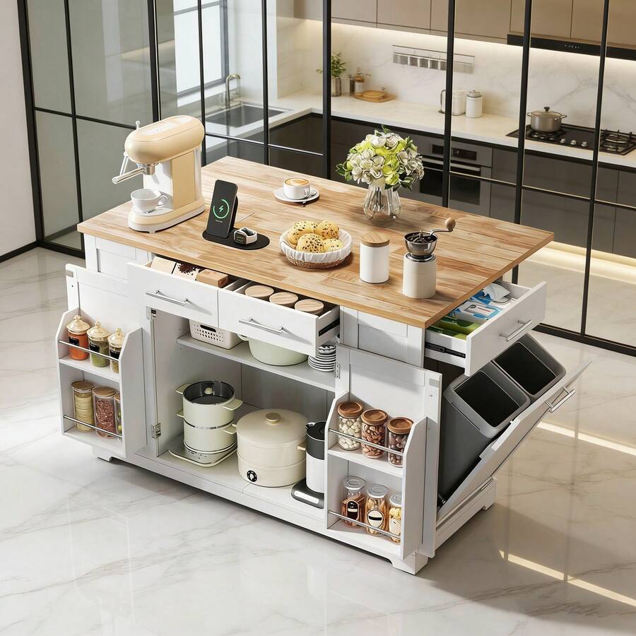 Mobile Storage Islands - White+Natural + MDF + European - View 1
