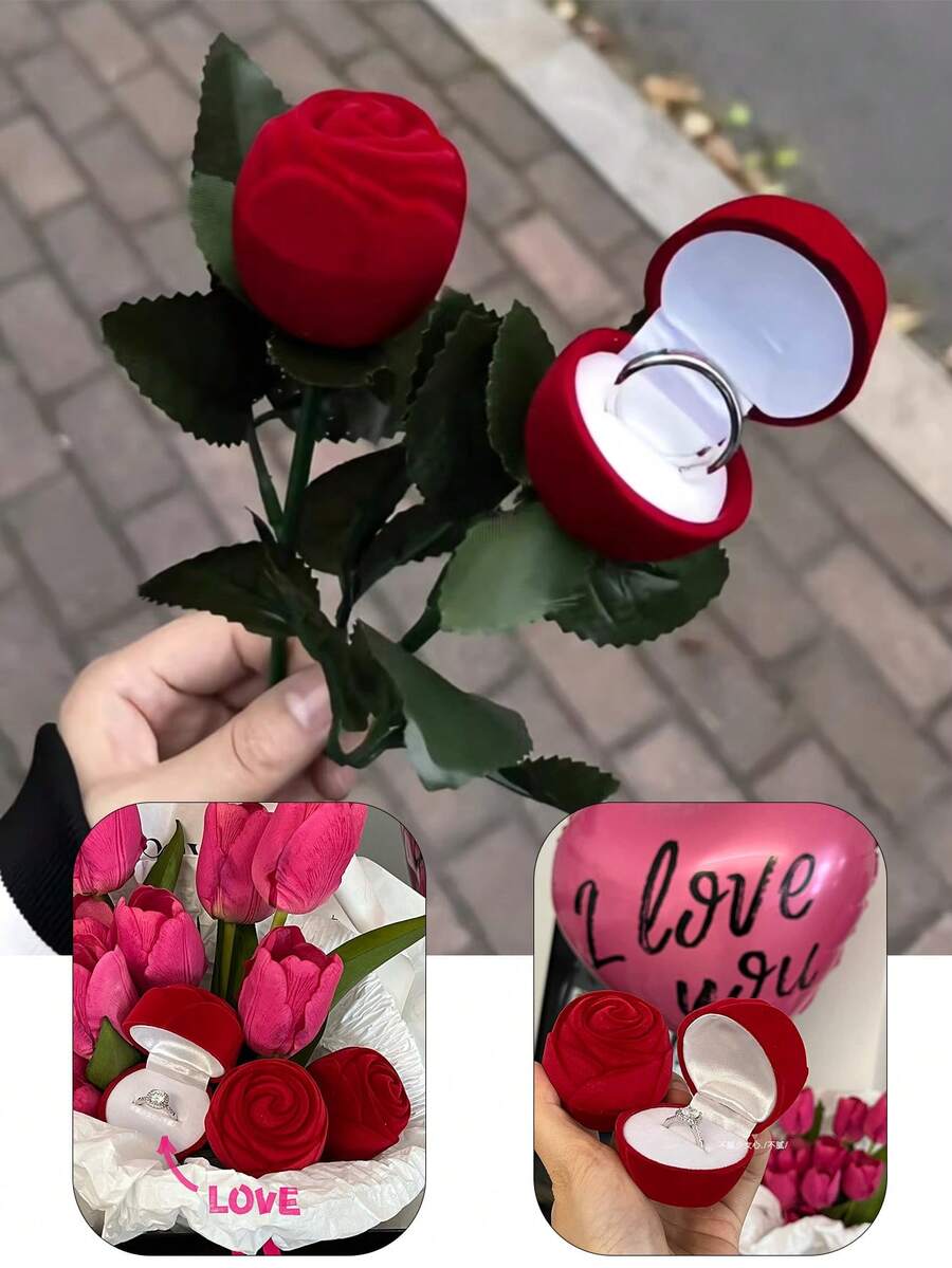 1个/2个求婚戒指盒，红玫瑰花戒指盒，浪漫情人节首饰盒，礼品盒，人造玫瑰 - 紅色 - 查看 1