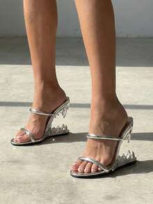 Sandals For Women Shark Teeth Heeled Sandals Backless Round Toe Heels Dressy Ladies Party Wedding Fashion Office Clubbing Work Courts Shoes - 銀色 - 查看 2