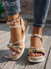 WRCVS 米色女士凉鞋，编织带凉鞋，夏季厚底厚底凉鞋，手工串珠编织随机花卉图案，轻便度假凉鞋，波西米亚风坡跟鞋，户外凉鞋 - 米色 - 查看 5