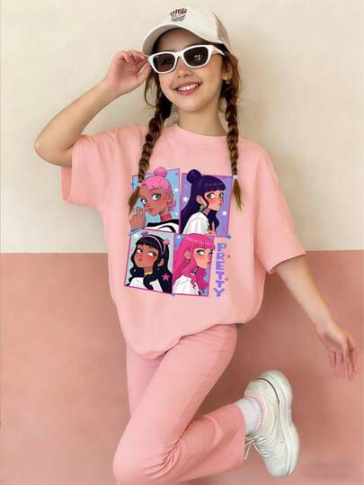 This Casual Outfit Features A Unique Girl Group Print Design, Including A Pink Short-Sleeved Crew Neck T-Shirt And A Pair Of Pink Flared Pants