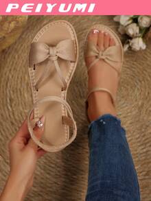 PEIYUMI Women's Fashion Sandals, Elegant Bow And Criss-Cross Strap Design, Comfortable And Versatile, Suitable For Various Occasions, Multiple Color Options - Apricot - View 3