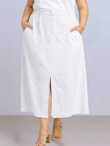 Women's Plus Size Midi Skirt With Front Slit, High Waist, Tailored, Sensual Style, Marrante - trắng văn phòng - Xem 1