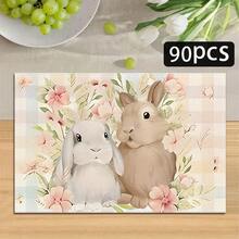 1/4/6 pezzi Serie Pasquale, Un paio di conigli abbracciati circondati da fiori rosa e bianchi e foglie verdi stampati su tovaglietta/tovaglia, realizzata in lino, lavabile a mano - adatta per tavolo da pranzo, cucina, festa, decorazione della casa - Multicolore - Visualizzare 12