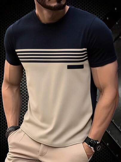 Men's Summer Casual Outdoor Short Sleeve T-Shirt, Colorblock Striped Design, Breathable Fabric, Suitable For Daily Wear, Outdoor Activities And Sports