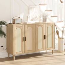 Aparador de ratán de 4 puertas con toma de corriente integrada, aparador de madera de ingeniería estilo bohemio para entrada, comedor y sala de estar. - Maple - Ver 2