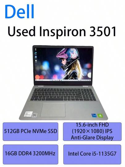 Dell Begagnad bärbar Inspiron 3501, i5-1135G7, Intel i5 11:e generationen, 16 GB RAM, 512 GB SSD, Bluetooth 5.0, WiFi 5, stabil och smidig prestanda, lämplig för hemmabio och kontorsbruk, silver.