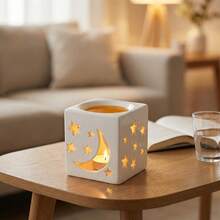 Ramadan Theme Hollow Moon & Star Ceramic Aroma Diffuser Candle Warmer Oil Lamp, Suitable For Eid Al-Fitr Home Decor [Candle Not Included] - Square Star and Moon Aroma Burner - View 1
