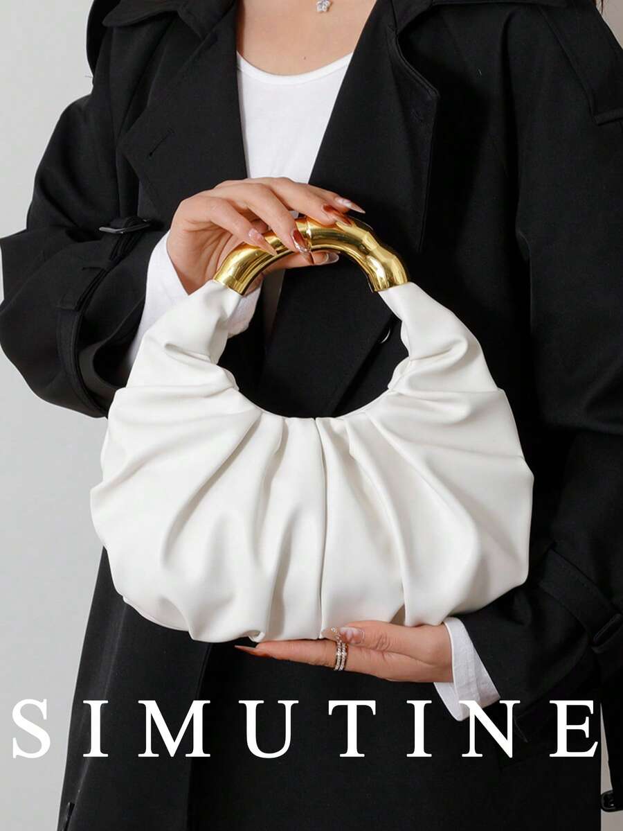 SIMUTINE 女士独特高品质云朵造型手提包，新款时尚褶皱腋下包，时尚手提小钱包，PU材质，适合日常使用、购物、通勤、工作和大学生活 - 白色 - 查看 1
