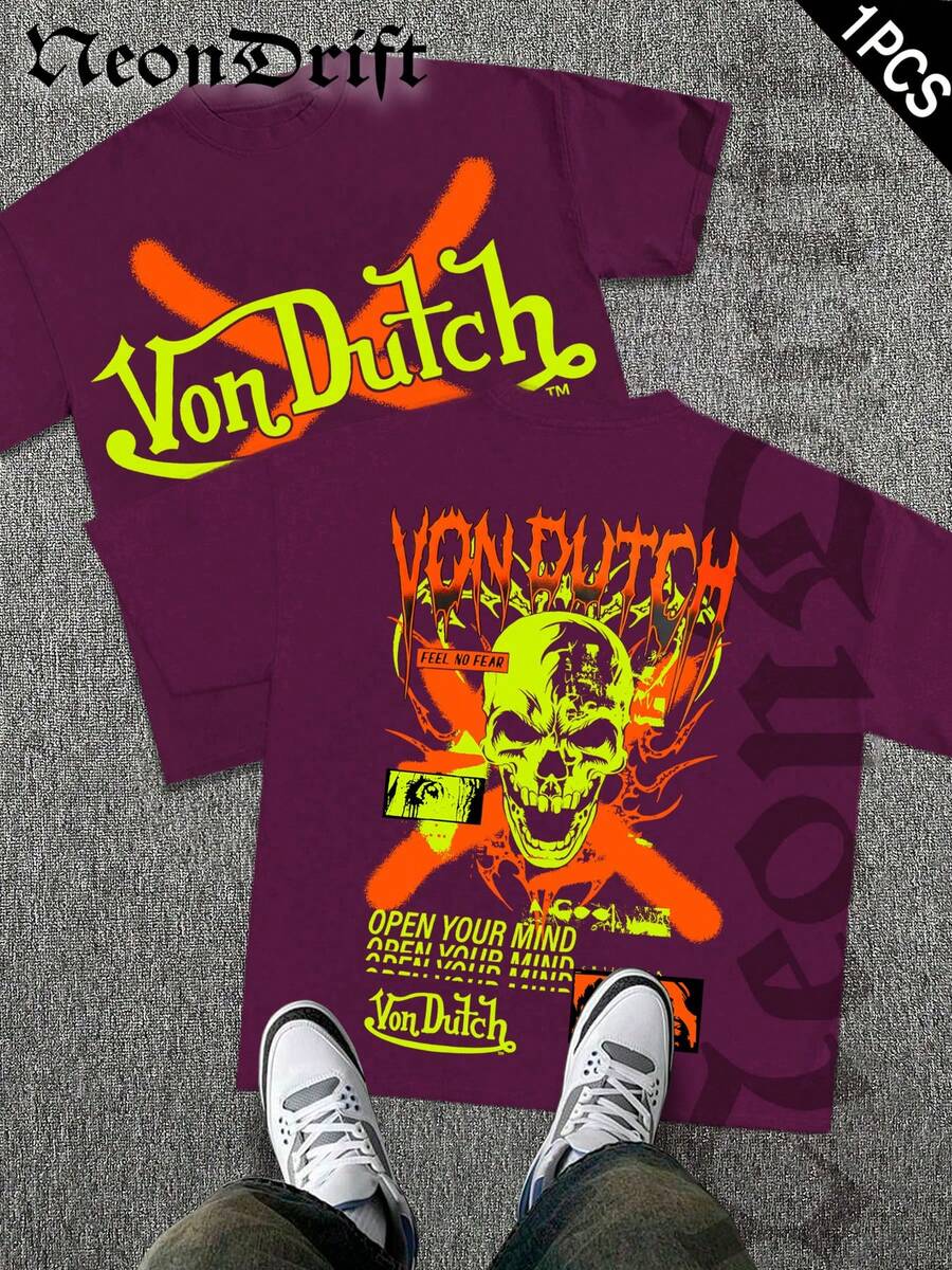 NeonDrift Street Double-Sided Printing Cotton T-Shirt 100% Cotton Fabric Unisex Style-Men T Shirt Skull Graphic Print Neon Yellow Orange Cross Design Streetwear Fashion Casual Wear For Urban Style Fans Hip Hop Look Breathable 100 Cotton Comfortable Fit - Màu Tím - Xem 1