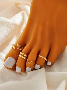 4件套简约别致镂空叶子设计脚趾戒指，适合外出、度假、搭配比基尼和日常穿搭。 - 金色樹葉 - 查看 4