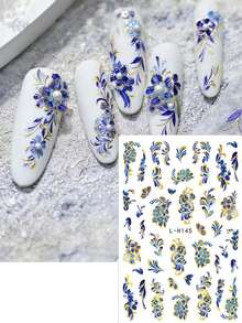 FULL BEAUTY 2片装蓝色烫金花朵蕾丝美甲贴纸复古线条曲线绘画谷百合花卉皇家奢华风格优雅春夏滑动装饰美甲用品美甲 - 彩色 - 查看 4