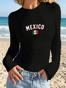 Mexico Flag Bold Lettering Women's Fashion Long Sleeve Shirt - Black - View 3