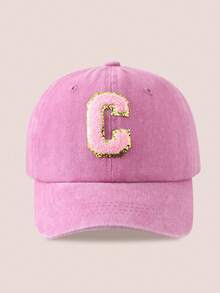 1pc Pink Letter Printed Washed Baseball Cap, Unisex Sun Hat Suitable For Outdoor Activities And Daily Wear, UV Protection - Pink Gold Label - Pink Washable Cap - View 14