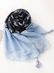 1条女士时尚优雅波点图案浅蓝色轻薄流苏围巾，适合约会、日常穿着、派对、旅行、海滩、郊游等场合。 - 彩色 - 查看 3