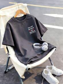 Tween Boy "I'M NOT SPOILED MY GRANDMA JUST LOVES ME" Funny Letter Print T-Shirt, Suitable For Boys' Daily Wear, Parent-Child Gathering, Cute Boys' Summer Top - Dark Grey - View 7