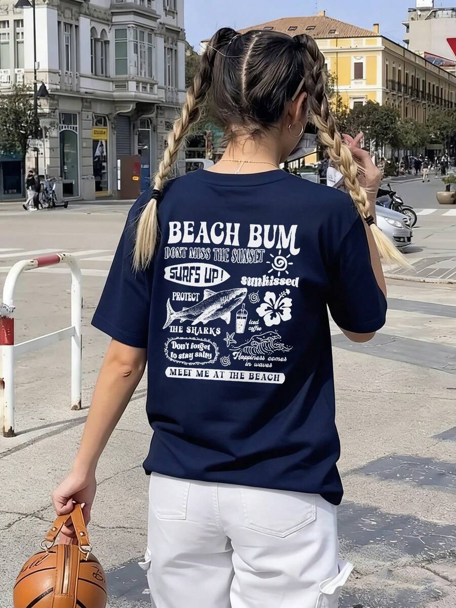 女士鲨鱼字母与波浪花卉印花圆领短袖休闲 T 恤，时尚百搭，适合春夏季 - 藏蓝色 - 查看 1