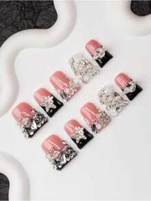 10Pcs Handmade Y2K-Style Duck Mouth Nail Tips Nude And Black Colors With French Tip Crystal Snake Flower Planet Star Elements Suitable For Parties Balls Daily Wear Unisex For Women And Girls Comes With Accessories Great Gift Press On Nails Nail Supplies Nails - Multicolor - 查看 9