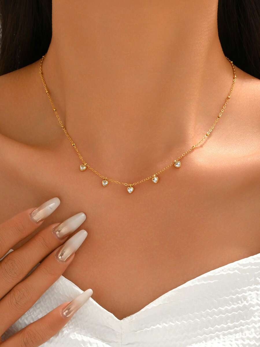 1pc European And American Luxury Heart Zirconia Pendant Necklace, Fashionable Minimalist Elegant Design Personalized Necklace Jewelry, Suitable For Women To Wear To Banquets, Parties, Festivals And Daily Occasions - Necklace - View 1