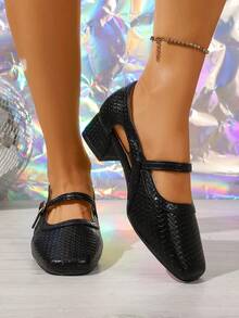 Chaussures Babies rétro françaises 2025, bout carré en cuir tressé ajouré, talon moyen, bride, style chinois - Noir - Voir 4