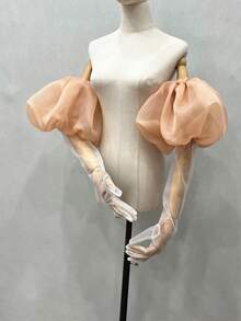 1 Set White Organza Puff Sleeve Bridal Arm Sleeves + Gloves - Multicolor - View 14
