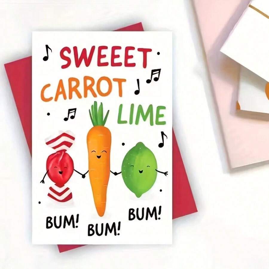 1pc Playful & Cute "Sweet Carrot Lime" Birthday Greeting Card (With Envelope) - Funny Gift For Men, Women, Mom Or Dad - Imaginative Cartoon Vegetable Pattern, Valentine's Day Gift - E - View 1