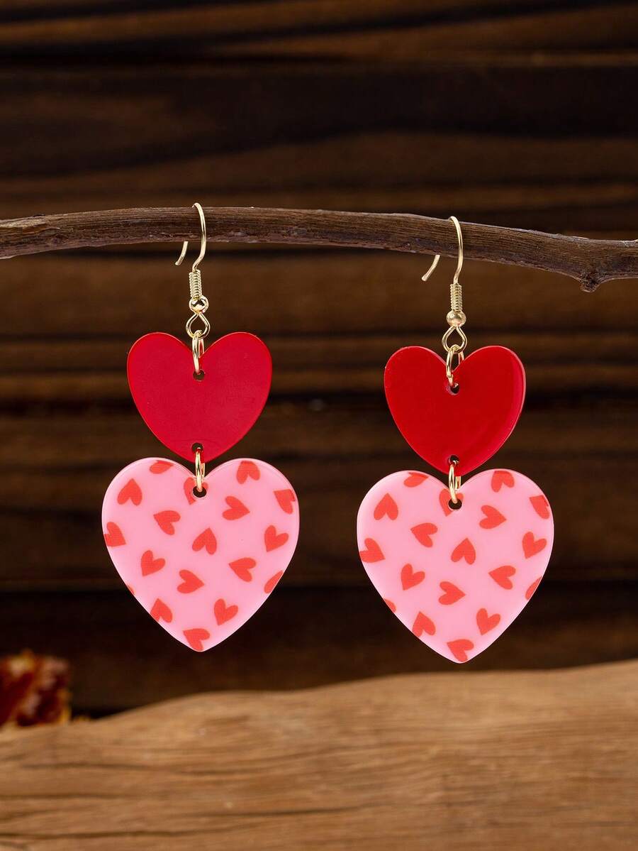 1 Pair Women's Heart Shaped Acrylic Dangle Earrings, Classic Red Color, Suitable For Nightclub Party And Daily Wear, Valentine's Day - Multicolor - Ver 1