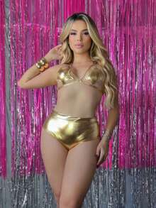 Conjuntos Feminino Top Biquini Hot Pant Moda Blogueira Sexy Carnaval Brilho Look Roupa Verão Insta  Bloco Bloquinho - Dourado - Visão 4