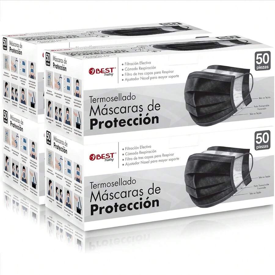 Best Trading Cubrebocas Negro 200 piezas, Mascarilla Desechable Termosellada Tricapa, Tapabocas con 200 Piezas con Ajustador Nasal Oculto y Tecnología Ligera de Filtrado Efectivo - A - Ver 1