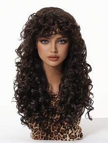 Elegant African Curly Wig For Women, Long Fiber, Curly Style, Matte Finish, With Rose Mesh Cap - Dark Brown - View 4