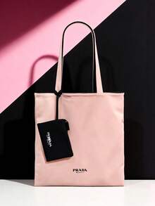 Prada Black And Pink Canvas Tote Bag, Large Capacity Shoulder Bag With Card Holder, Suitable For Daily Use Or As Holiday Gift - Black Powder - View 6