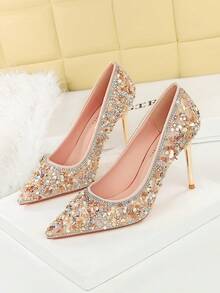 Pointed Toe Rhinestone Embellished Bridal Qipao Shoes, Glitter High Heel Party Pumps For Women - Pink - View 3
