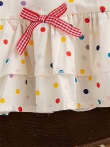 Bộ 2 món gồm váy chữ A không tay chấm bi dễ thương và túi xách, váy xếp tầng bèo nhún, cúc hình trái tim và viền ren cho bé gái, thích hợp mặc mùa hè. - Nhiều màu - Xem 5