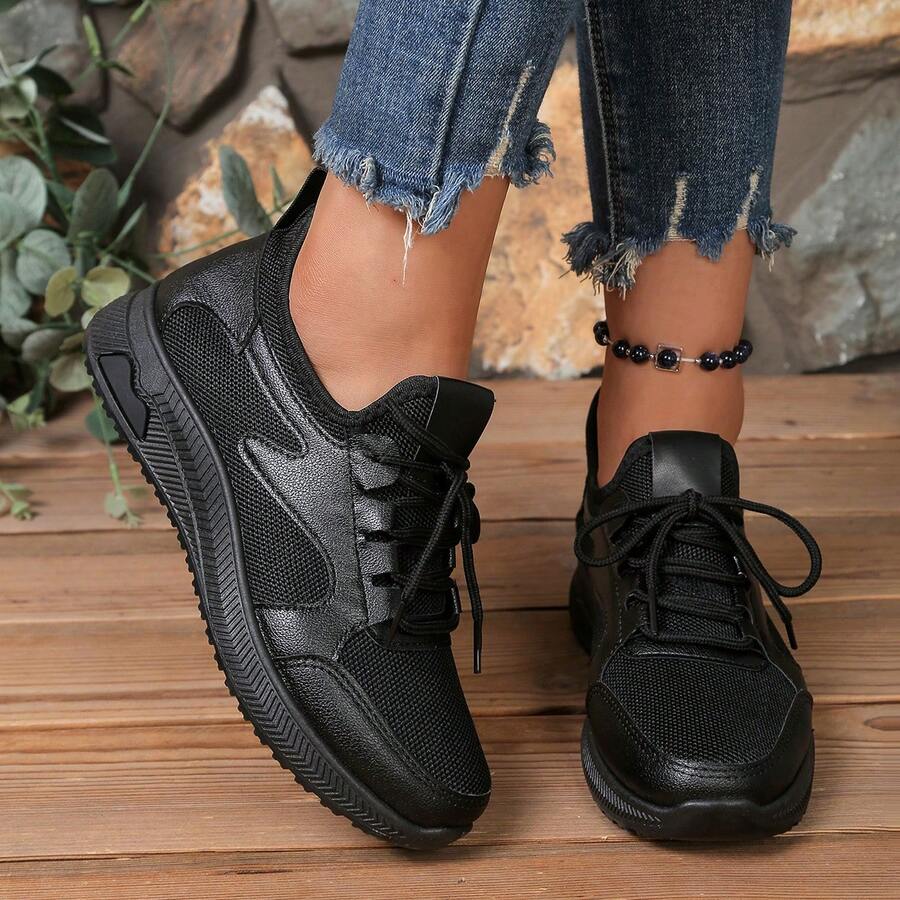 女士网面透气运动鞋，轻便软底健身鞋，适合通勤、日常散步和休闲穿着 - 黑色 - 查看 1