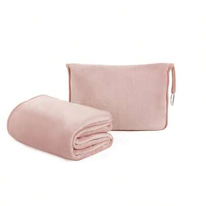 2-In-1 Soft Travel Blanket/Pillow - Compact Portable Design With Storage Bag And Backpack Hook, Hand Wash Only - Pink